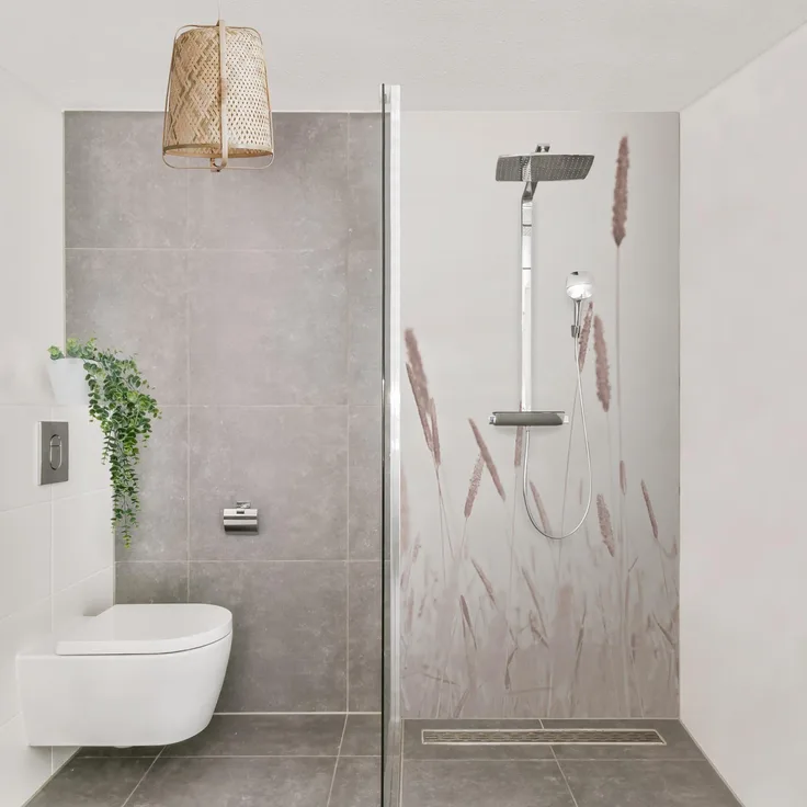 Apalis Home Duschrückwand mit Motiv selbstklebend, wasserfeste Badrückwand in Beige mit Gräsern, fugenloses Wandpaneel, Premium matt, 80x190 cm
