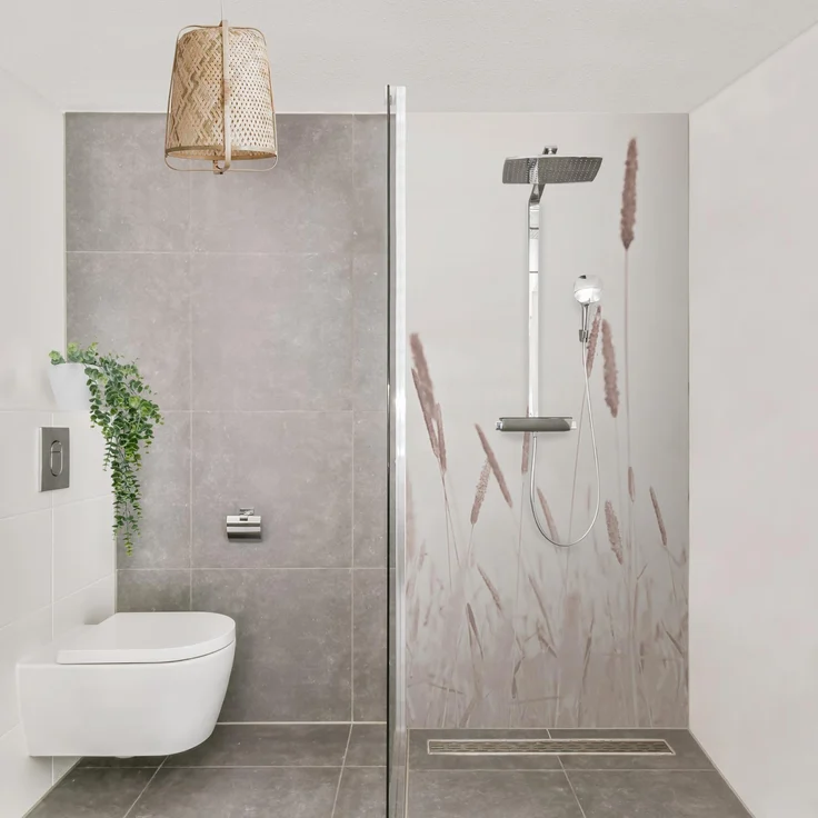 Apalis Home Duschrückwand mit Motiv selbstklebend, wasserfeste Badrückwand in Beige mit Gräsern, fugenloses Wandpaneel, Premium matt, 80x190 cm