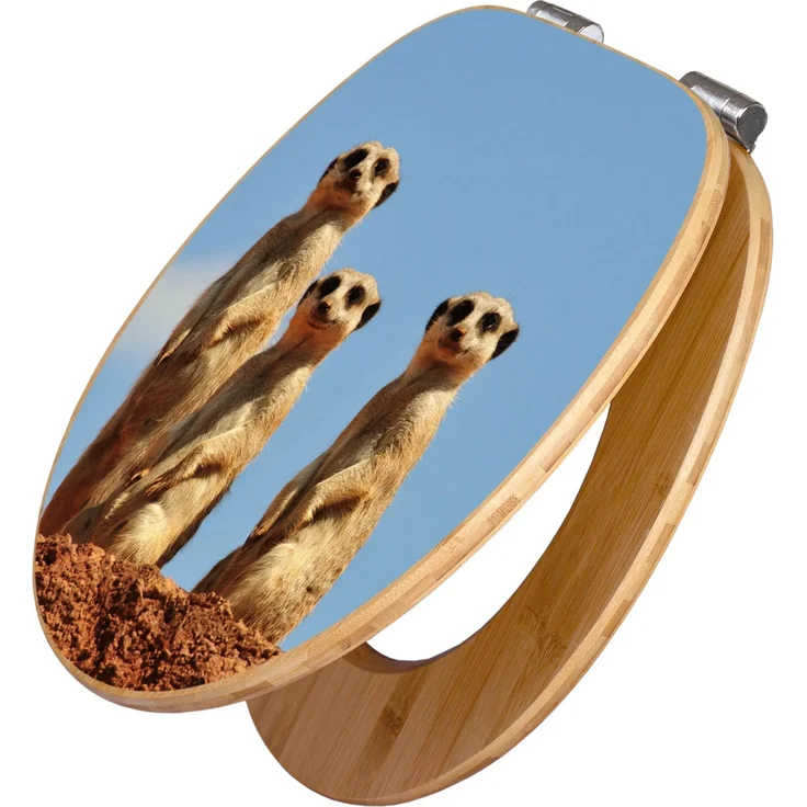 Banjado Bambus WC Sitz, Toilettendeckel mit Absenkautomatik, Erdmännchenfamilie Motiv, Soft Close, Universalgröße 45,8x37,5cm