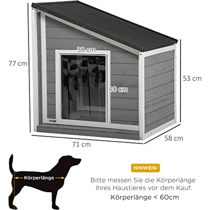 PawHut Hundehütte aus Holz, Hundehaus mit zu öffnendem Asphaltdach und Türvorhang, Outdoor Hundehaus, Kleintierhaus für kleine Hunde, draußen, Wetterbeständig, Grau, 71 x 58 x 53/77 cm – Bild 3