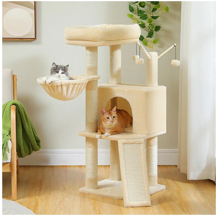 purplerain Kratzbaum Mehrstöckiger Katzenturm für Wohnungskatzen, 105cm Höhe mit geräumiger Katzenwohnung, Liegeplätzen und Kratzmöglichkeiten