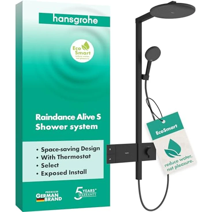 hansgrohe Raindance Alive S Duschsystem 300, 1jet EcoSmart, ShowerSelect Comfort, präzise Temperaturregelung, vielfältige Strahlarten, hochwertiges Design – Bild 1