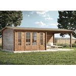 Alpholz Gartenhaus Freiburg-44 aus Massiv Holz, Freizeithaus, Blockhaus 44 mm Wandstärke, Garten Holzhaus Terrasse, Überdachung, Sitzecke Größe: 755 x 399 cm in Pinie mit Doppeltür
