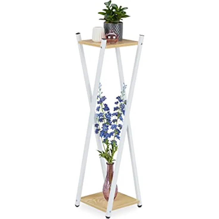 Relaxdays Blumenständer, 2 Etagen in Holzoptik, Metall, MDF, moderner Blumenhocker, HBT: 99 x 29 x 29 cm, weiß/Hellbraun