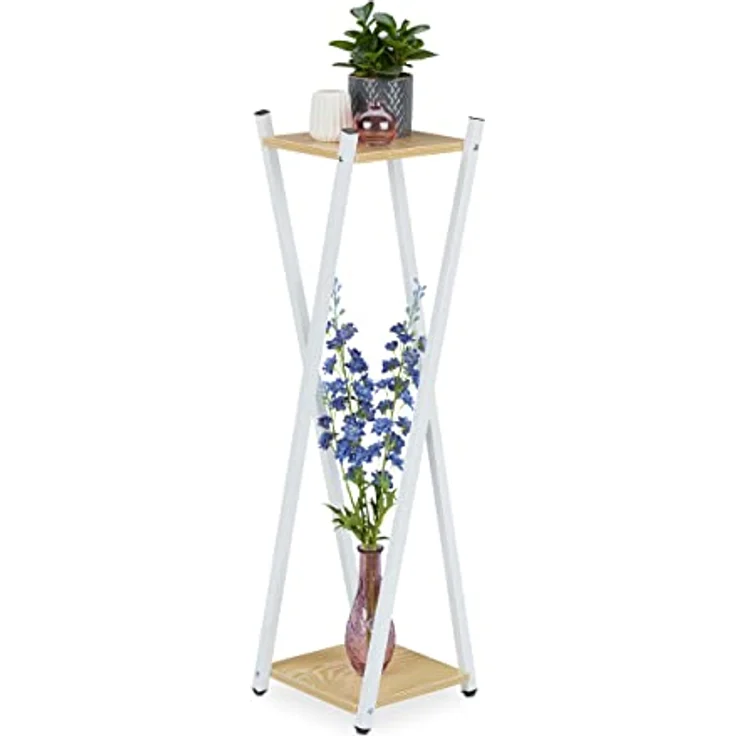 Relaxdays Blumenständer, 2 Etagen in Holzoptik, Metall, MDF, moderner Blumenhocker, HBT: 99 x 29 x 29 cm, weiß/Hellbraun – Bild 1
