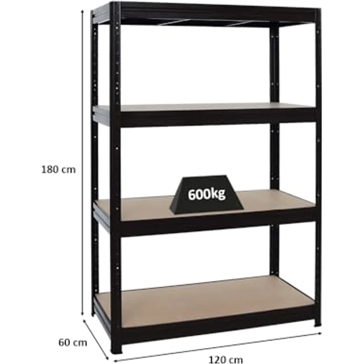 PROREGAL Schwerlastregal Dino 180x120x60 cm Fachlast 600kg Schwarz, Garagenregal, Lagerregal, Steckregal, Kellerregal – Bild 2