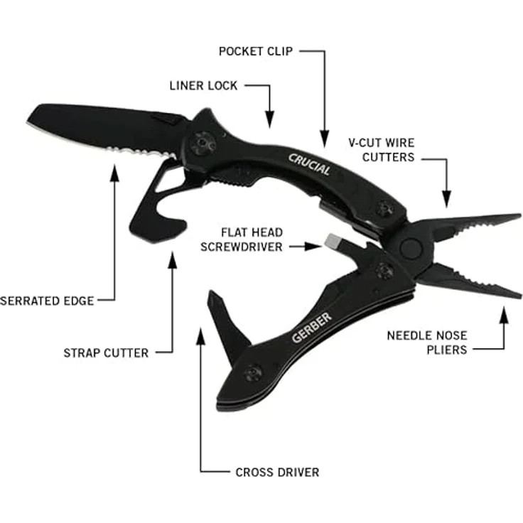 Gerber Crucial Multi-Tool, 9 Funktionen mit Gürtel-Clip, Gurtschneider, Liner-Lock, Länge 9,1 cm, Schwarz, 31-001518 – Bild 2