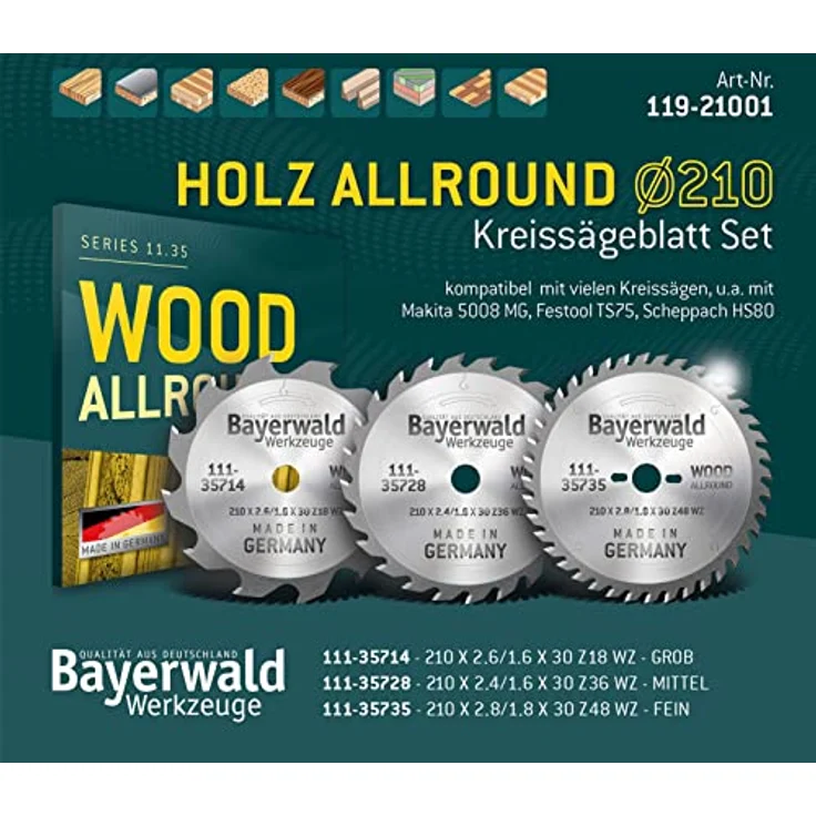 Bayerwald HOLZ ALLROUND Hand-Kreissägeblatt Set Ø 210 mm (3 tlg.) - für Holz Längsschnitt und Tischlerplatten, kompatibel mit Bosch GKS 165 und Makita DHS630Z – Bild 2