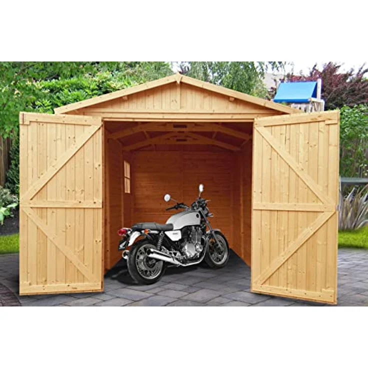 TIMBELA Holzgarage - Abstellraum mit Fenstern- H222x244x320 cm/ 6 m² - Plattenkonstruktion aus Naturholz - Gartenwerkstatt - Auto- und Geräteschuppen M105 – Bild 3