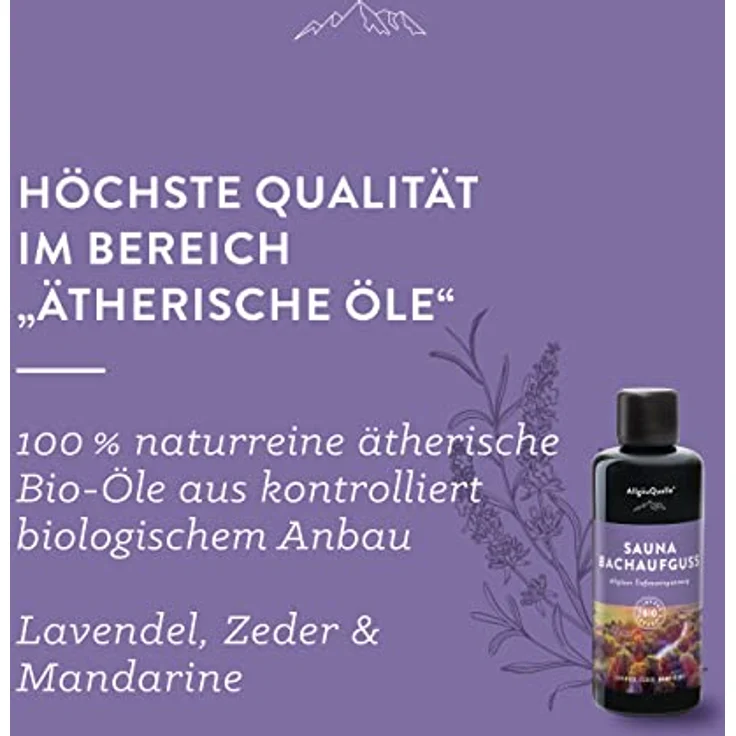 AllgäuQuelle® Sauna Aufgussmittel „Tiefenentspannung“ mit 100% Bio Ölen – Lavendel, Zeder & Mandarine, 100ml – Bild 2