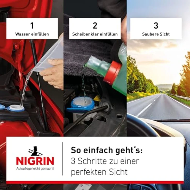 NIGRIN Scheibenklar Konzentrat 1:4, Reinigungszusatz für Autoscheiben und Scheinwerfer, 5 Liter, entfernt Insekten, Öl und Fett streifen- und schlierenfrei, mit Griffmulde, ab 5°C, Designer Duft – Bild 4
