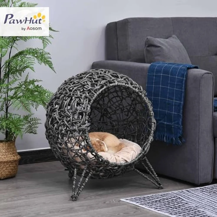 PawHut Katzenhöhle aus PE-Rattan, erhöhte Füße, inkl. Kissen, silbergrau, für Katzen bis 10 kg – Bild 2