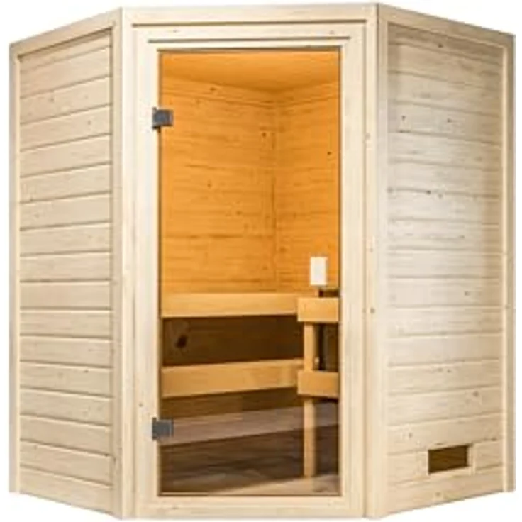 Karibu Innensauna Danika, kompakte Sauna mit 3,6 kW Saunaofen und integrierter Steuerung, bronzierte Ganzglastür, 2 Liegen aus Fichte, Eckeinstieg – Bild 2