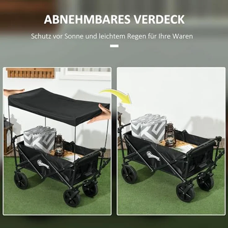 Outsunny Bollerwagen Faltbar, Transportwagen mit Sonnendach und Tragetasche, bis 100 kg belastbar, schwarz – Bild 5