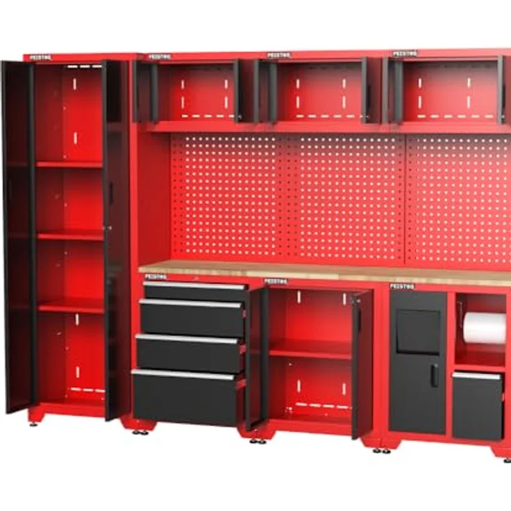 FEISTOS Werkbank Juno 12, modulare Werkstatteinrichtung mit Lochwand, Schwarz/Rot, 462x46x198 cm, inkl. abschließbare Schränke und höhenverstellbare Füße – Bild 4