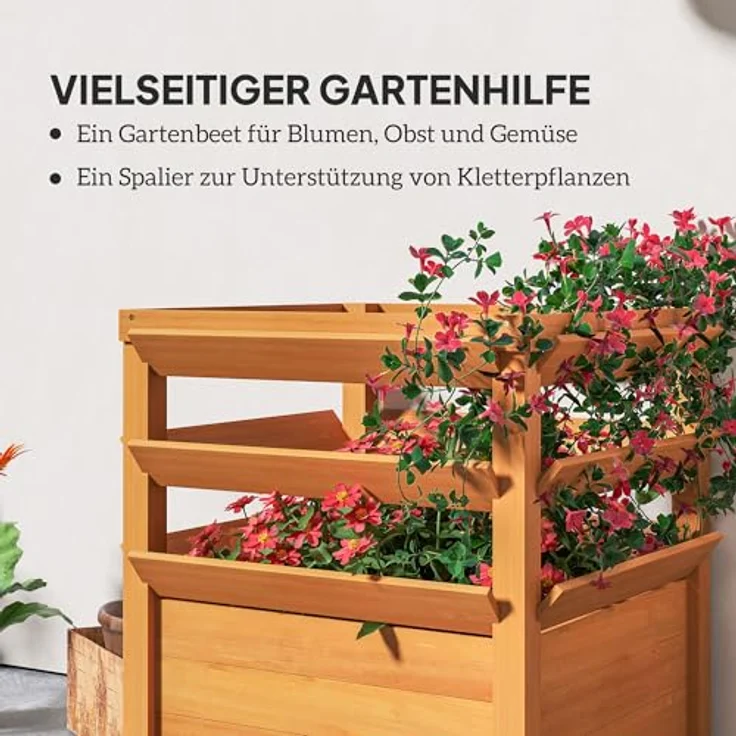 Outsunny Hochbeet mit Rankgitter, Tannenholz, offene Boden, 65 x 65 x 60 cm, Karamellbraun, für Garten und Balkon, ideal für Kletterpflanzen und Blumen – Bild 5