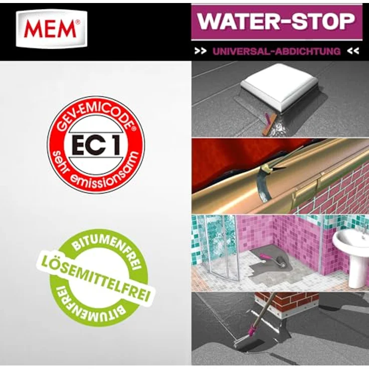 MEM Water Stop Abdichtungsmasse, Universalabdichtung & Feuchtigkeitssperre für innen & außen, lösemittel-, silikon- & bitumenfrei, Grau, 1 kg Eimer – Bild 5