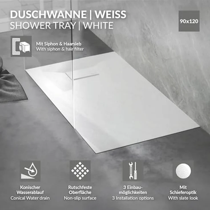 LuxeBath Duschwanne 120x90 cm Weiß, rutschfest mit Ablaufgarnitur aus SMC, Höhe 3 cm – Bild 2