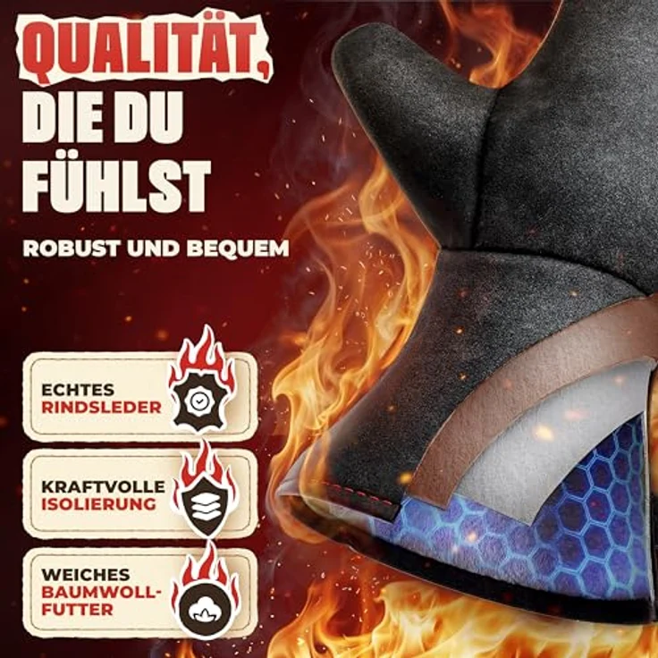 achilles Grillhandschuhe Grillhandschuh Kaminhandschuh mit Isolierung Ofenhanschuh aus Leder, hitzeresistent, Universalgröße, Baumwollfutter – Bild 5