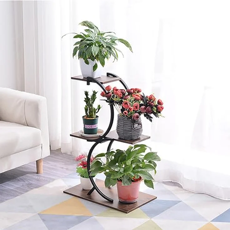relaxdays Blumenständer Pflanzenständer, Industrial Design aus pulverbeschichtetem Eisen und MDF in Dunkelbraun, für bis zu 5 Pflanztöpfe, schwarz – Bild 2