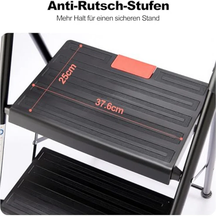Sweetcrispy Trittleiter 2 Stufen klappbar, stabile Anti-Rutsch-Leiter mit Handlauf, bis 150 kg belastbar, leicht und kompakt, schwarz – Bild 4