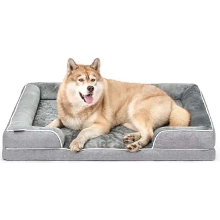 lionto orthopädisches Hundebett mit erhöhtem Rand, 122x89x20 cm, robustes Hundekissen aus weichem Flanell, abnehmbarer & waschbarer Bezug, rutschfest, grau, für kleine & große Hunde + Katzen – Bild 1