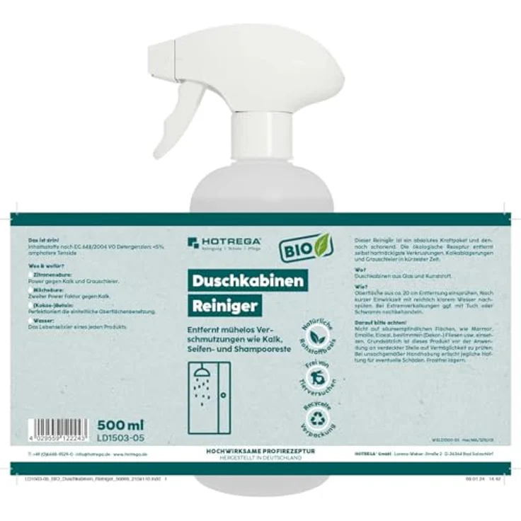 HOTREGA® Duschreiniger Kalkentferner, Glasreiniger für hygienisch saubere Duschkabinen, entfernt Kalk & Seifenreste, mit Abperleffekt und Frischeduft – Bild 5
