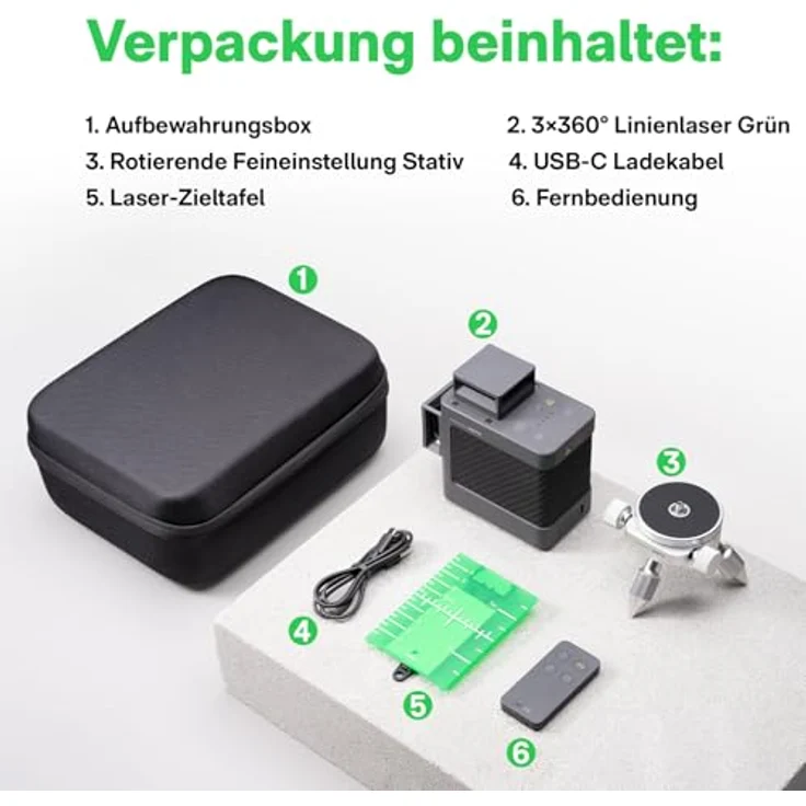 HOTO Kreuzlinienlaser, grüner Laser mit 3x 360° Linien, inkl. Tasche und Stativ, Reichweite max. 30m, IP54 staub- und wassergeschützt – Bild 6