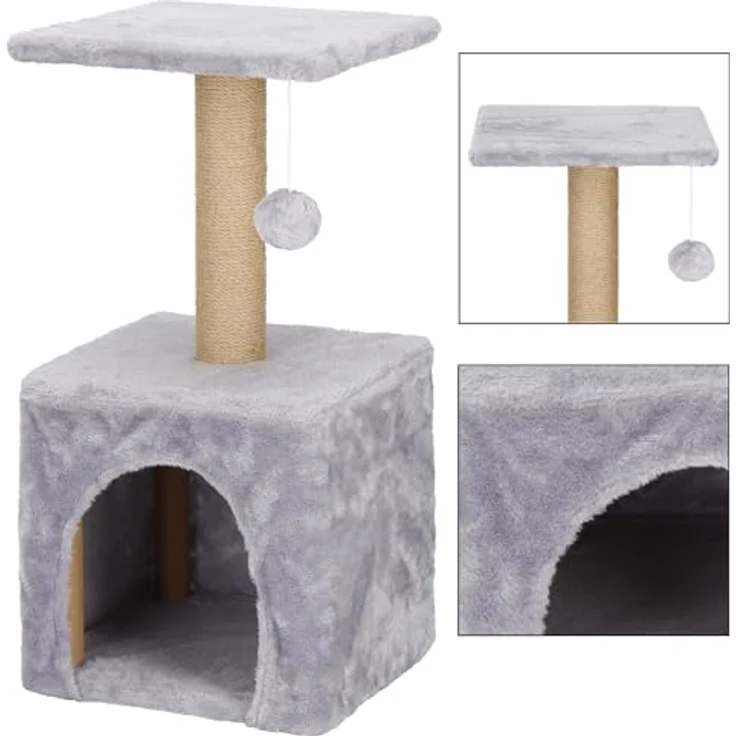 SPRINGOS Katzenkratzbaum Katzenhaus mit Spielpompon, Plattform und Sisalpfosten, 62 cm Höhe, stabil und langlebig – Bild 3