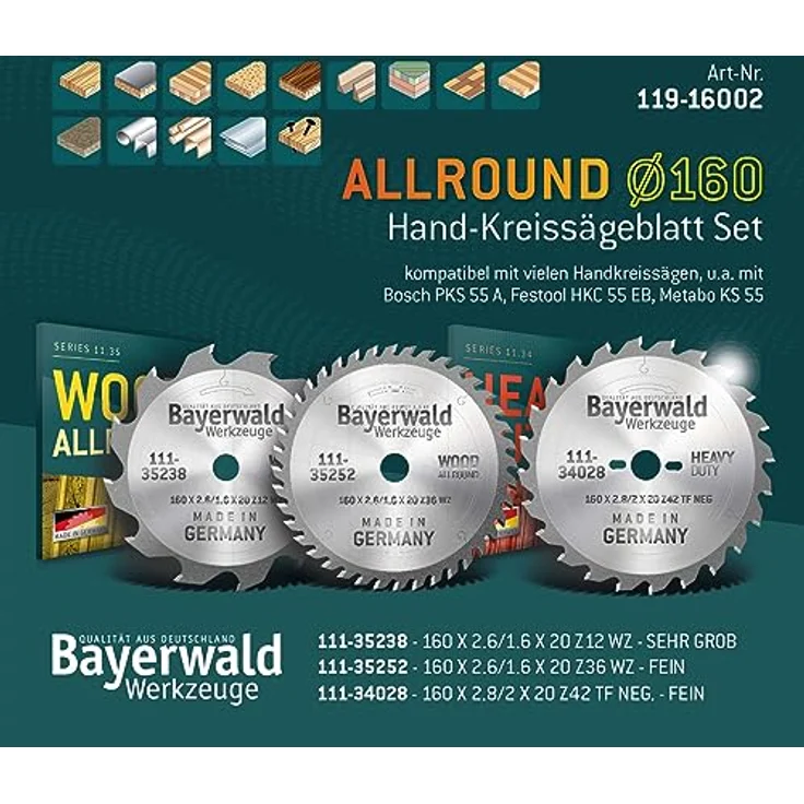 QUALITÄT AUS DEUTSCHLAND Bayerwald Werkzeuge ALLROUND Handkreissägen-Set Ø 160 (3 tlg.) - HM Allround Kreissägeblätter für Holz Längsschnitt/Tischlerplatten/Holz Querschnitt - Kompatibel mit Bosch PKS 55 A, Festool HKC 55 EB, Metabo KS 55 – Bild 2