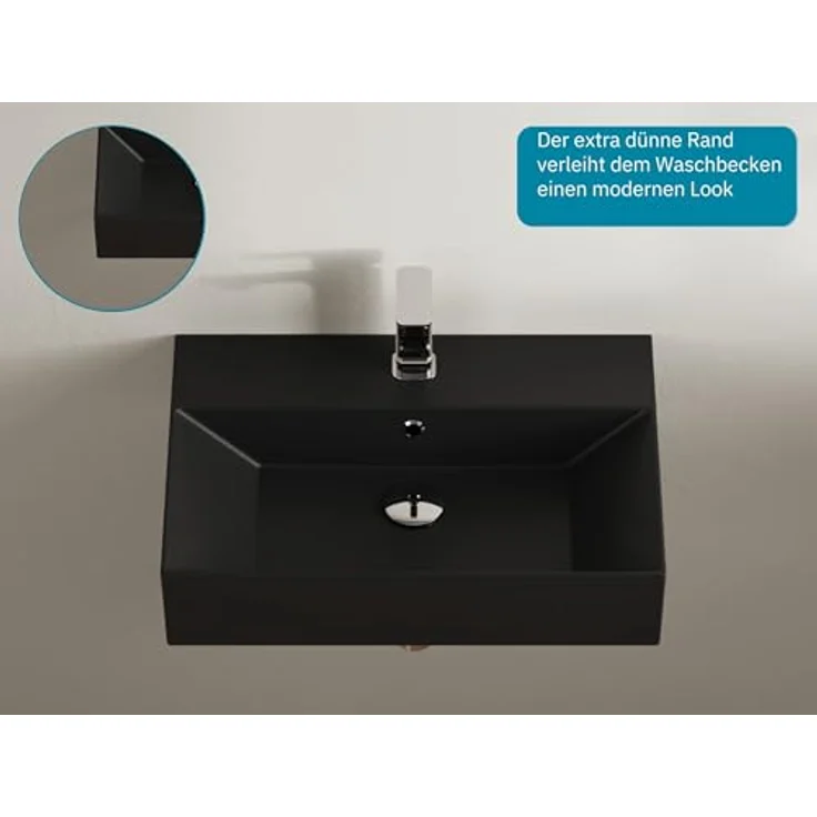 Aqua Bagno | Eckiges Waschbecken mit dünnem Rand, schwarz matt, Aufsatzwaschbecken, hochwertige Keramik | 600 x 420 mm – Bild 3
