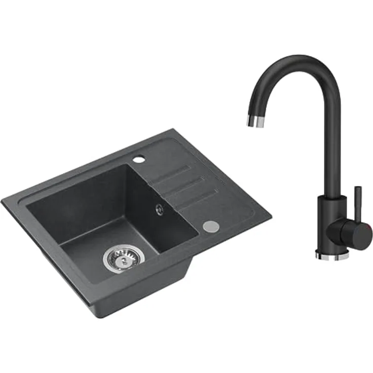 VBChome Granitspüle Schwarz mit Schwarzer Armatur, 55 x 44 cm, Einzelbecken Einbauspüle, Reversibel, Gesprenkelt, Pflegeleichtes Komplettset mit Siphon - Ideal für kleine Küchen