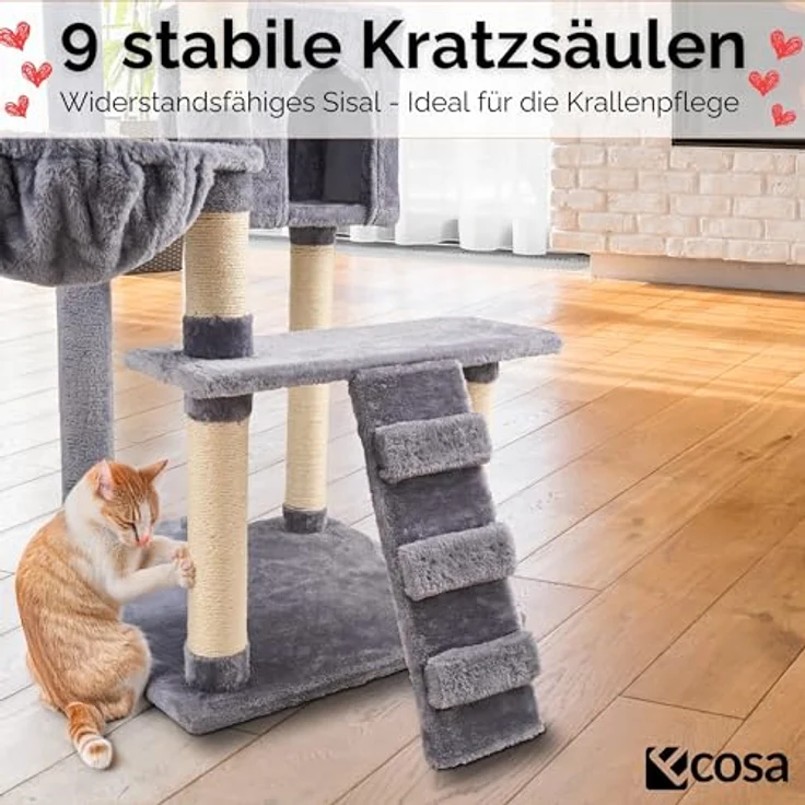 Ecosa® XXL Katzen Kratzbaum 170 cm, stabiler Kletterturm mit 9 Kratzsäulen, 6 Plattformen, Katzenhöhle, Hängematte und Spielball – Bild 4