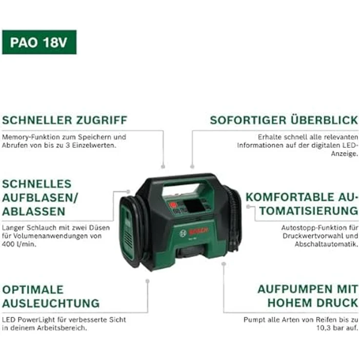 Bosch Home and Garden Akku-Kompressor PAO 18V, leistungsstark mit bis zu 10,3 bar, schnellem Luftstrom von 400 l/min und Auto-Stopp-Funktion – Bild 4