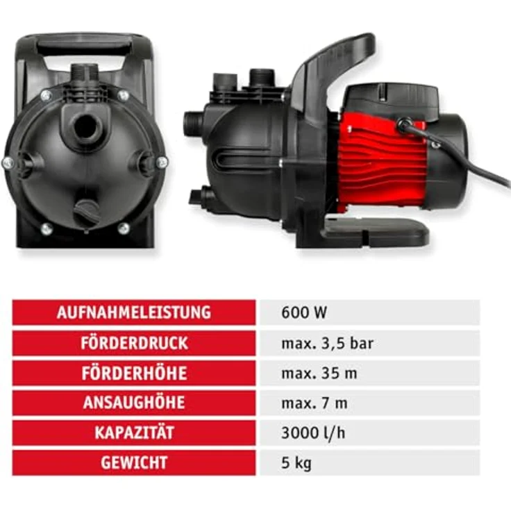 WALTER Gartenpumpe 600 W - Geräuscharmer Hochdruck-Wasserpumpe, 3000 l/h Kapazität, 35 m Förderhöhe - 3,5 bar Druck - Ideal für Pool, Kellerentwässerung & Gartenbewässerung – Bild 3