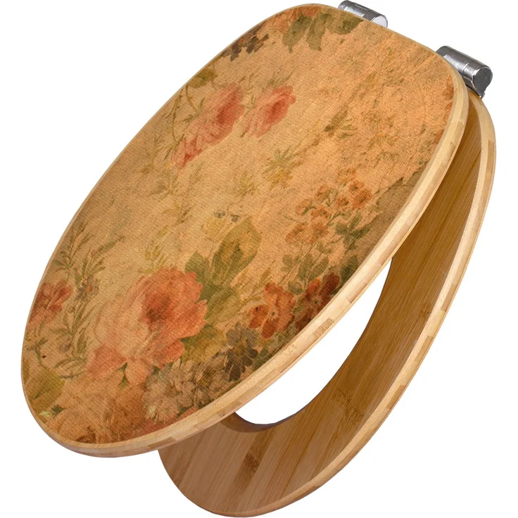 Banjado Bambus Holz WC Sitz, Toilettendeckel mit Absenkautomatik, Motiv Blumen Antik, 45,8x37,5cm, universell passend
