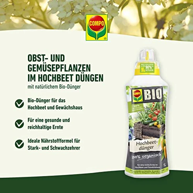 COMPO BIO Hochbeetdünger, Flüssig-Dünger für Obst- und Gemüsepflanzen, 100% natürliche und vegane Inhaltsstoffe, 1 L – Bild 2