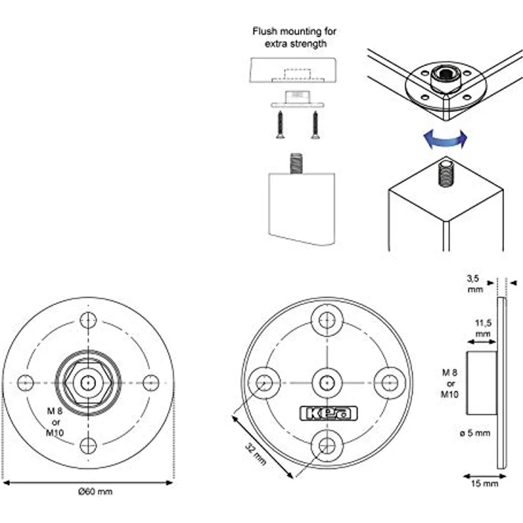 Tischbeinverbinder KEA rund Ø 60 mm für M8 Gewindeschraube Tischbein-Montageplatte Befestigungsplatte von SO-TECH® – Bild 4