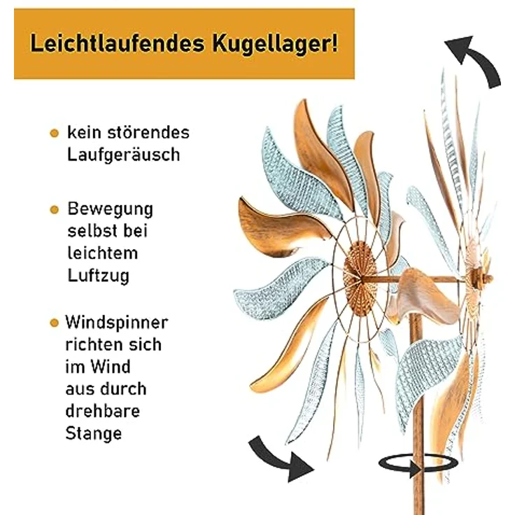 LEMODO Windspiel Fire Flowers | Windrad mit gegenläufigen Rotoren | Gartendeko in 2 Höhen aufbaubar | Gartenstecker 213 cm hoch | Windmühle in Kupferoptik | Windskulptur auch als Vogelschreck geeignet - Preisvergleich – Bild 2
