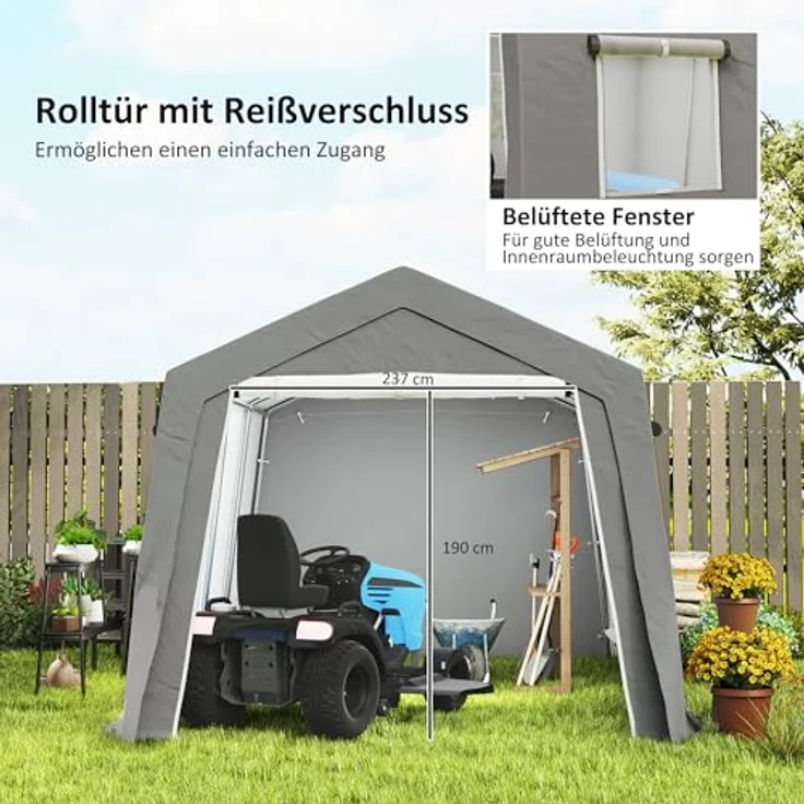 Outsunny Gerätehaus mit Satteldach, wasserdichtes Gerätezelt aus UV-beständigem PE-Gewebe, hellgrau, 300 x 447 x 255 cm, mit Türen und Fenstern – Bild 5