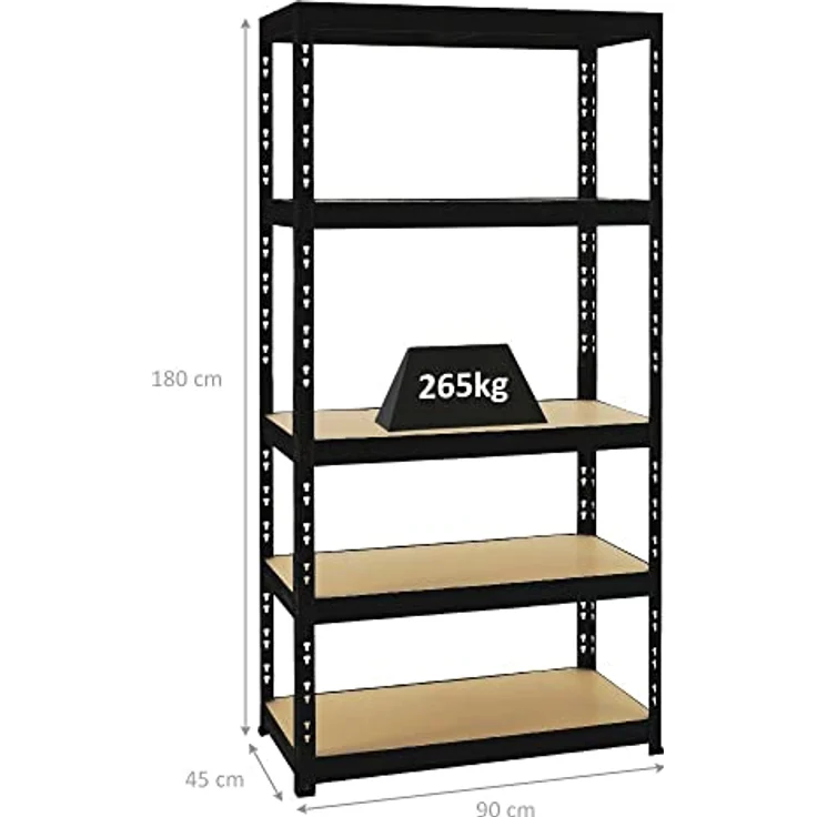 Proregal Schwerlastregal Tiger, 180 x 90 x 45 cm, Traglast 265 kg pro Boden, 5 höhenverstellbare Böden, Schwarz – Bild 2