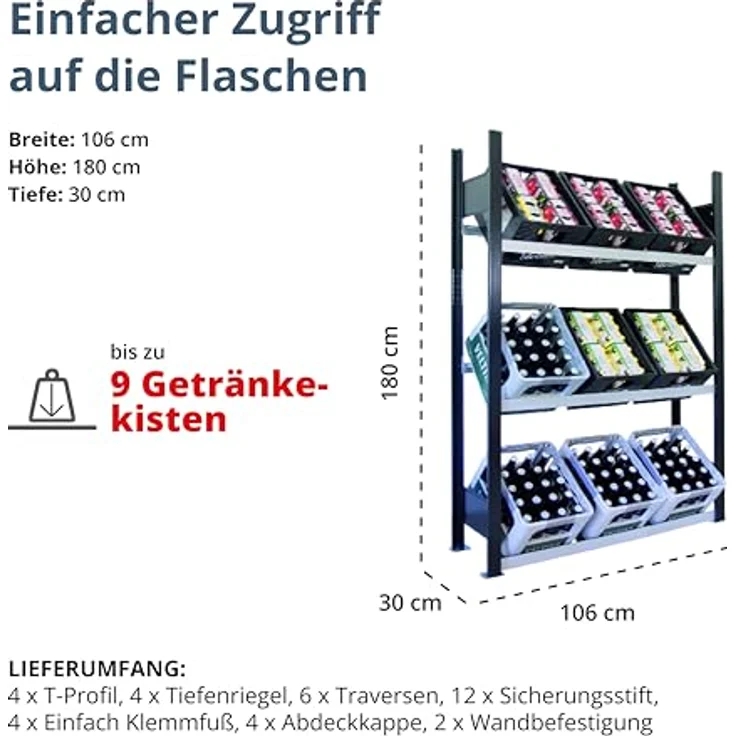 SCHULTE Regalwelt Getränkekistenregal für bis zu 9 Kisten, 180x100x30 cm (HxBxT), Traglast pro Ebene 60 kg, schwarz-silber, Getränkeregal, Bierkistenregal, Flaschenkastenständer, Wasserkistenregal – Bild 3