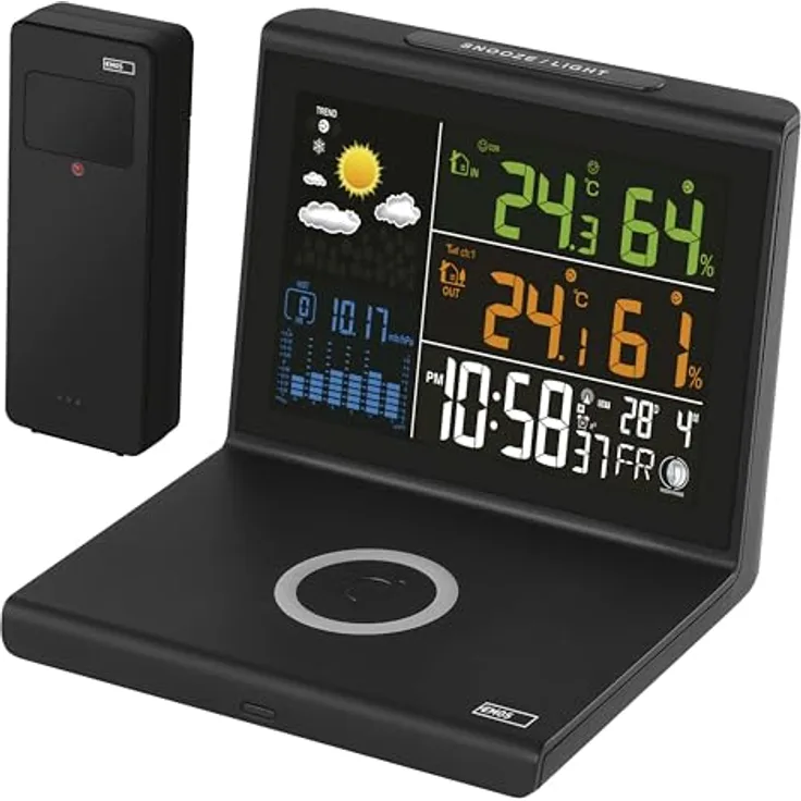 Emos Wetterstation E8010, digitale Wetterstation mit kabelloser Aufladung, Temperatur- und Luftfeuchtigkeitsanzeige, Schwarz