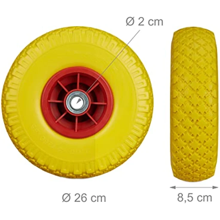 Relaxdays, gelb-rot 2X Sackkarrenrad, pannensichere Vollgummireifen, 3.00-4 Zoll, 20mm Achse, bis 80 kg, 260 x 85 mm – Bild 5