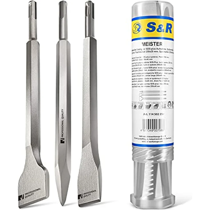 S&R Bohrhammer Meißel-Set SDS-plus, 3-teilig, robust und hitzegehärtet – Flachmeißel, Spatmeißel, Spitzmeißel für Beton, Mauerwerk, Ziegel, und Asphalt – Bild 1