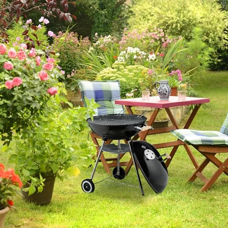 Relaxdays Fahrbarer Kugelgrill in Schwarz, Grillwagen mit großer Grillfläche und regelbarer Luftzirkulation – Bild 2