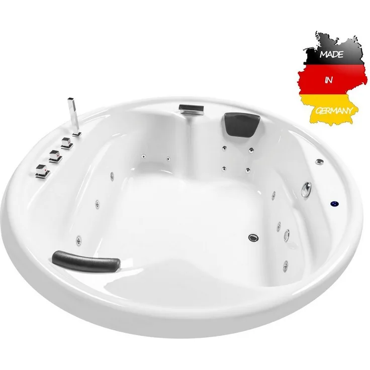 Basera® Whirlpool-Badewanne Gomera Rund 182 x 182 cm, Komplett-Set, mit 18 Massagedüsen, Wasserfall, LED, Hochglanz Weiß