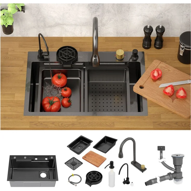 ML-DESIGN Küchenspüle Spülbecken aus Edelstahl Anthrazit, Einbauspüle mit Wasserhahn & Zubehör, multifunktional & schalldicht, 68/46 cm