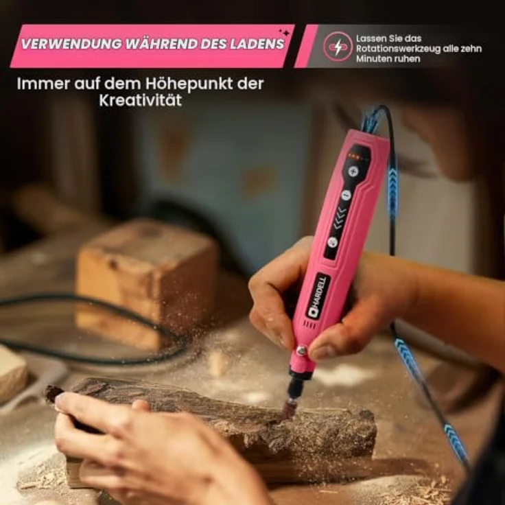 HARDELL Mini Akku Rotationswerkzeug, 5 Geschwindigkeiten (5000-18000 U/min), 3,7V mit LED, 69-teiliges Zubehörset für Gravur von Resin, Holz und Glas (pink) – Bild 3