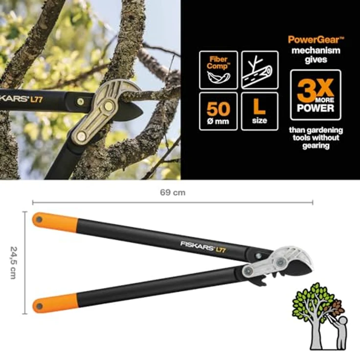 Fiskars PowerGear Amboss-Getriebeastschere für trockene Zweige und Äste, Antihaftbeschichtet, Gehärteter Präzisionsstahl, Länge 69 cm, Schwarz-Orange, L77, 1000583 – Bild 3
